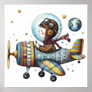 Charming Nursery Art Child Flying Old Aeroplane Poster