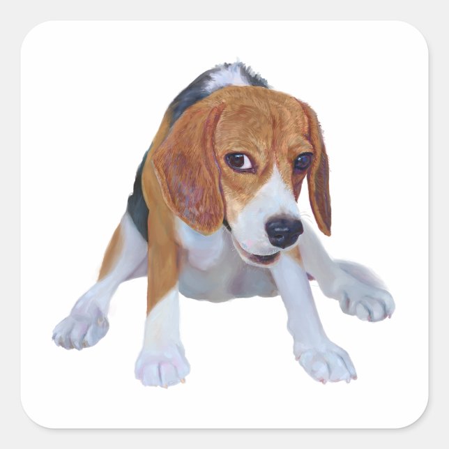 Charming Oil-Painted Beagle in funny sitting pose Square Sticker (Front)