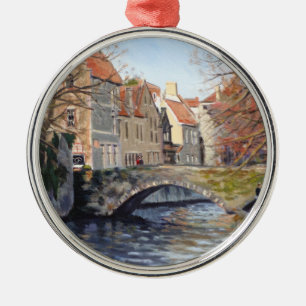 Charming Old Bridge Over Canal in Scenic Bruges Metal Tree Decoration
