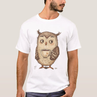 Charming Owl with Coffee Cup Illustration T-Shirt
