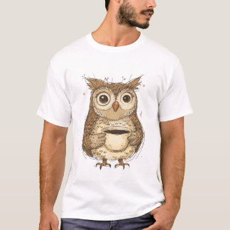 Charming Owl with Coffee Mug Illustration T-Shirt
