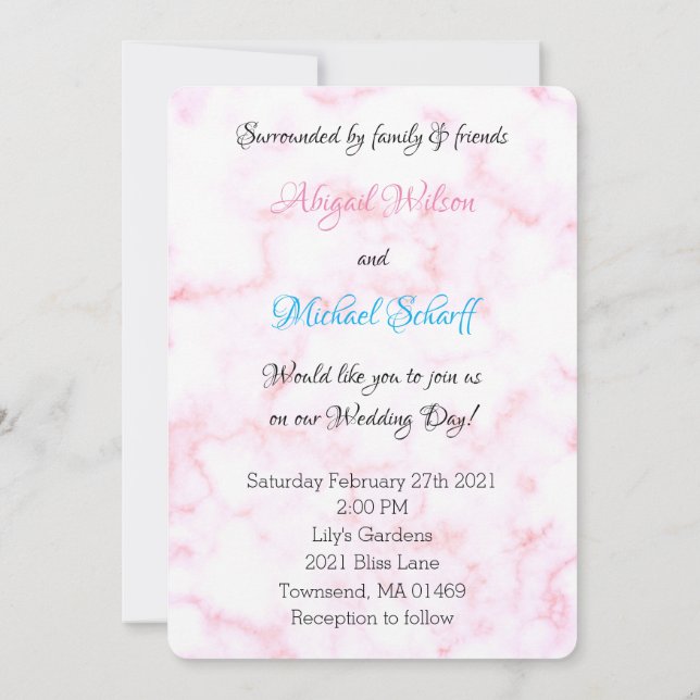 Charming Pale Pink & White Marble Wedding Invitation (Back)