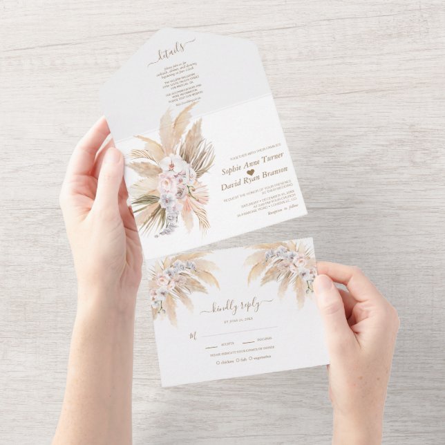 Charming Pampas Grass White Orchid Roses Wedding   All In One Invitation (Tearaway)
