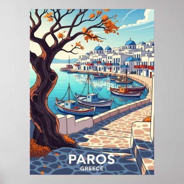 Charming Paros Greece harbour scene Poster (Front)