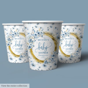 Charming pastel blue flowers gold boy baby shower paper cups