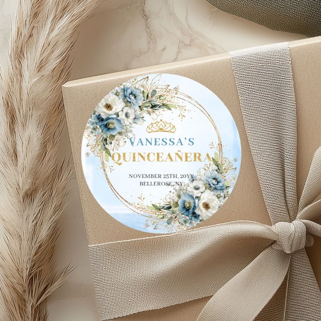 Charming Pastel Blue Gold Eucalyptus Quinceañera  Classic Round Sticker (Charming Pastel Blue Gold Eucalyptus Quinceañera Sticker

)