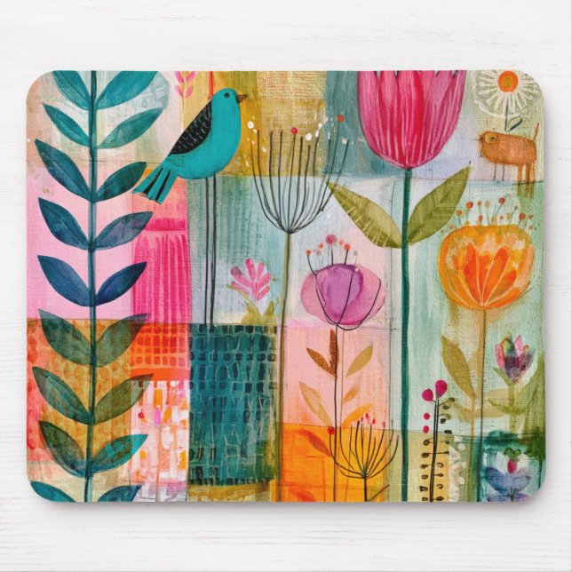 Charming Patchwork Bluebird Meadow Mouse Mat (Front)