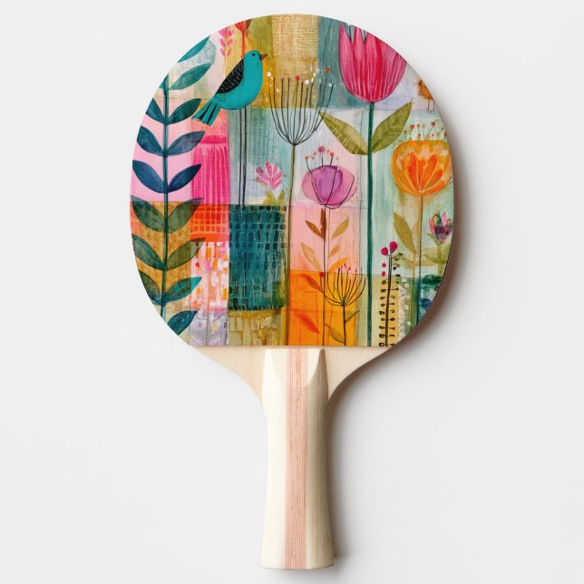 Charming Patchwork Bluebird Meadow Ping Pong Paddle (Front)