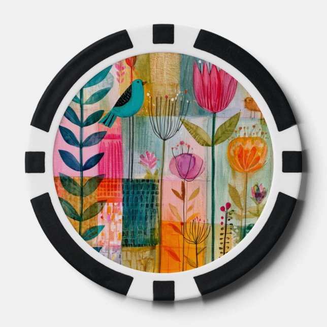 Charming Patchwork Bluebird Meadow Poker Chips (Front)