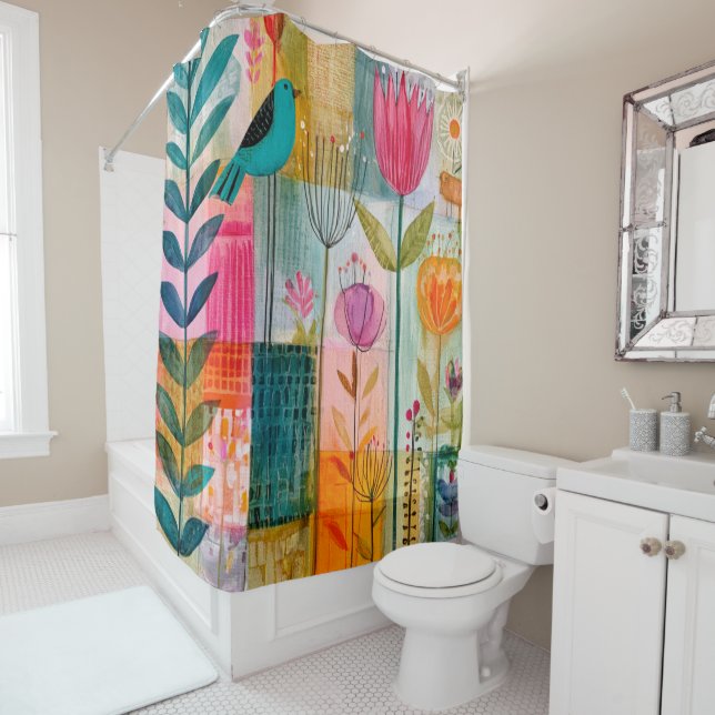 Charming Patchwork Bluebird Meadow Shower Curtain (In Situ)