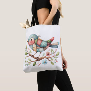 Charming Patchwork Folk Art Bird Floral Accents Tote Bag