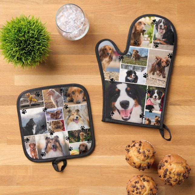 Charming Pawprints Pet Photo Collage Template Oven Mitt & Pot Holder Set (Top Down)