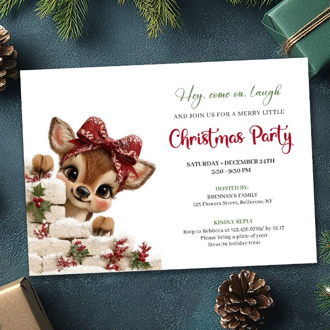 Charming peeking reindeer fun holiday party invite (Charming peeking reindeer fun holiday party invitation)