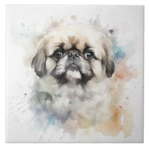 Charming Pekingese Watercolor Dog Portrait Tile
