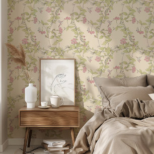 Charming Periwinkle & Hummingbirds Pink & Green Wallpaper