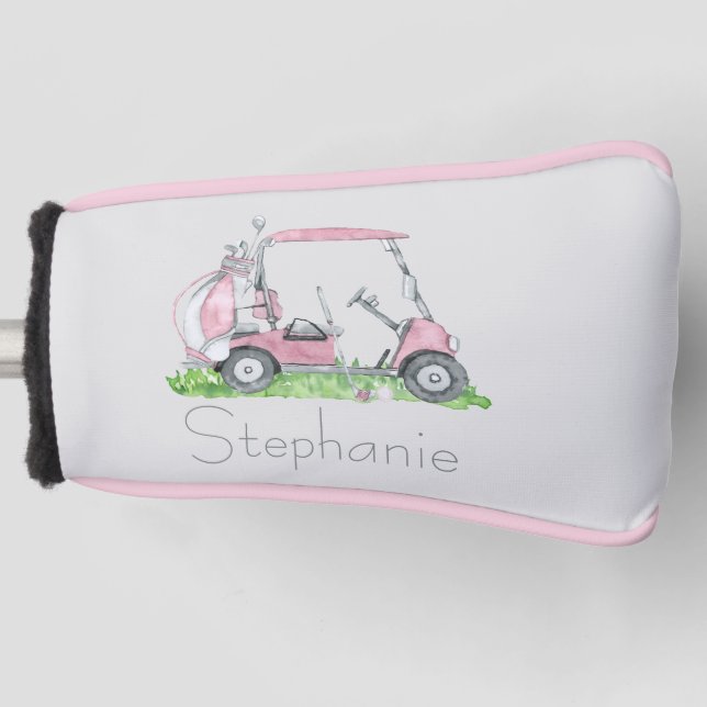 Charming Personalised Pink Golf Cart  Golf Head Cover (Front)