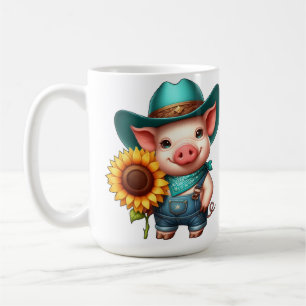 Charming Piglet in Cowboy Attire With Sunflower  Coffee Mug