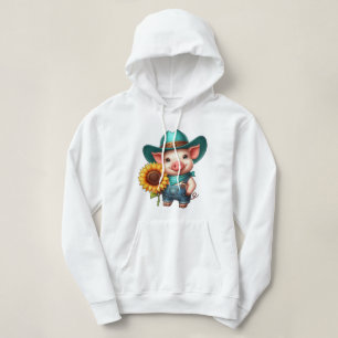 Charming Piglet in Cowboy Attire With Sunflower Hoodie