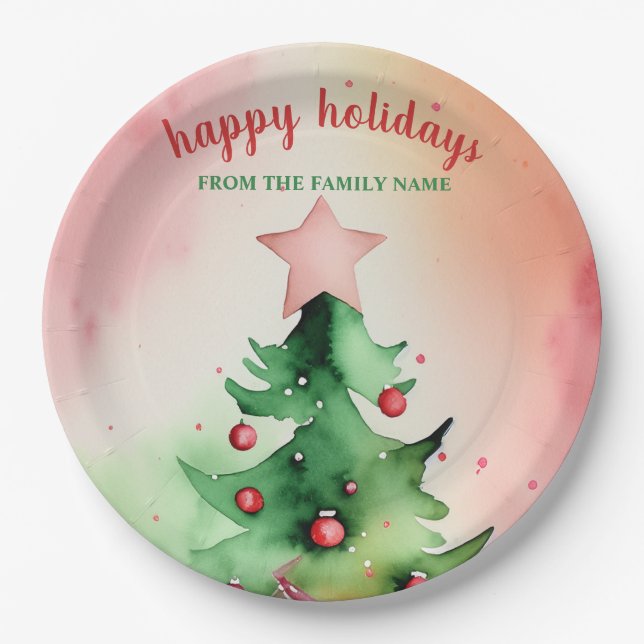 Charming Pine Tree & Red Ornaments Holiday Paper Plate (Front)