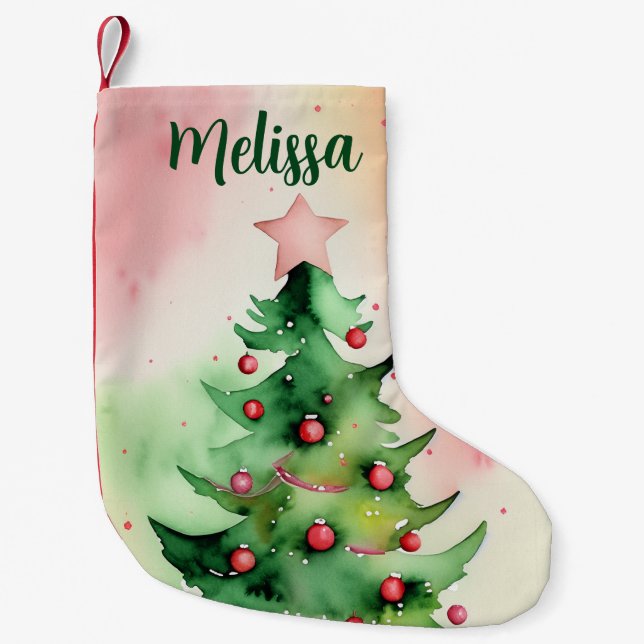 Charming Pine Tree & Red Ornaments Holiday Small Christmas Stocking (Front)