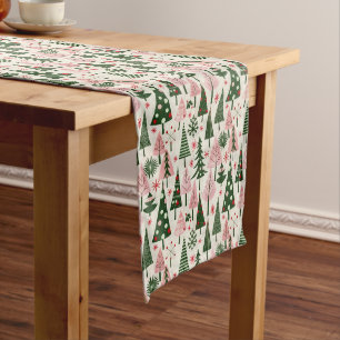 Charming Pink and Green Christmas Trees Long Table Runner