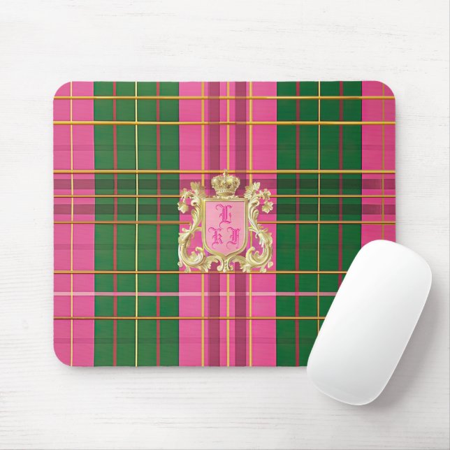 Charming Pink and Green Plaid Monogram Mouse Mat (With Mouse)