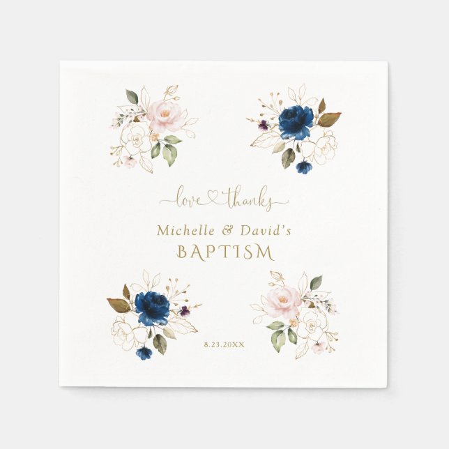 Charming Pink Blue Gold Floral Twins Baptism Napkin (Front)