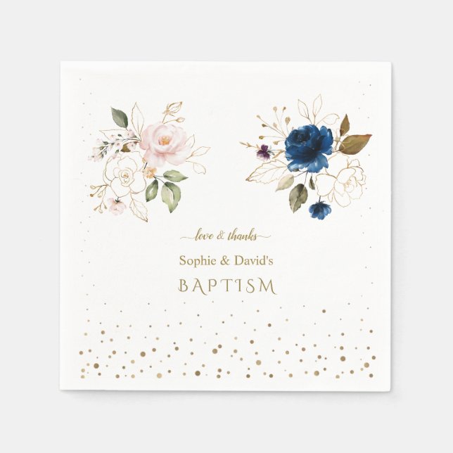 Charming Pink Blue Gold Flowers Twins Baptism Napkin (Front)