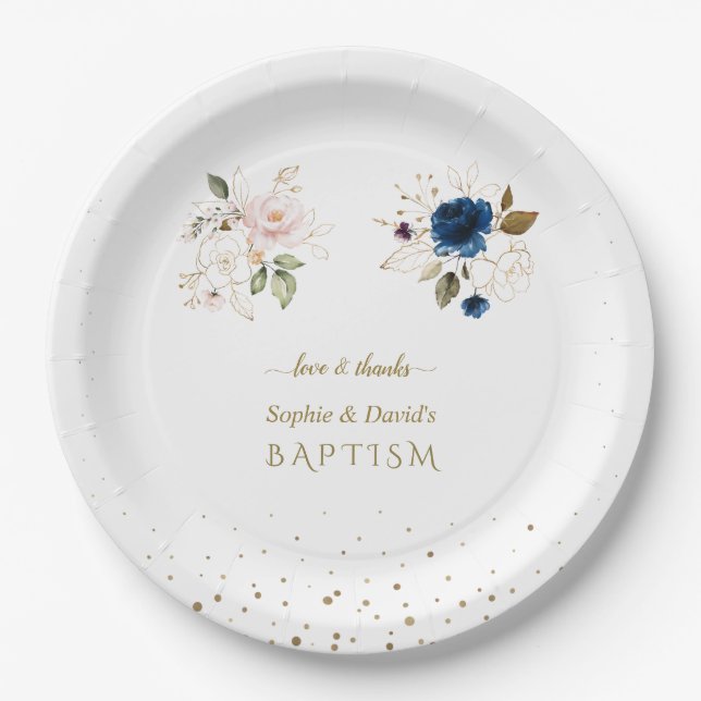 Charming Pink Blue Gold Flowers Twins Baptism  Squ Paper Plate (Front)
