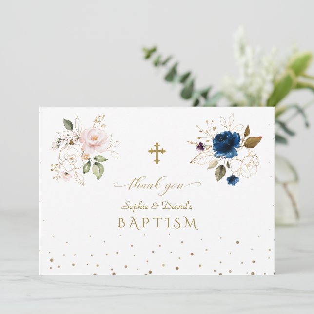 Charming Pink Blue Gold Flowers Twins Baptism Thank You Card (Standing Front)