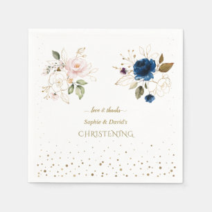 Charming Pink Blue Gold Flowers Twins Christening Napkin