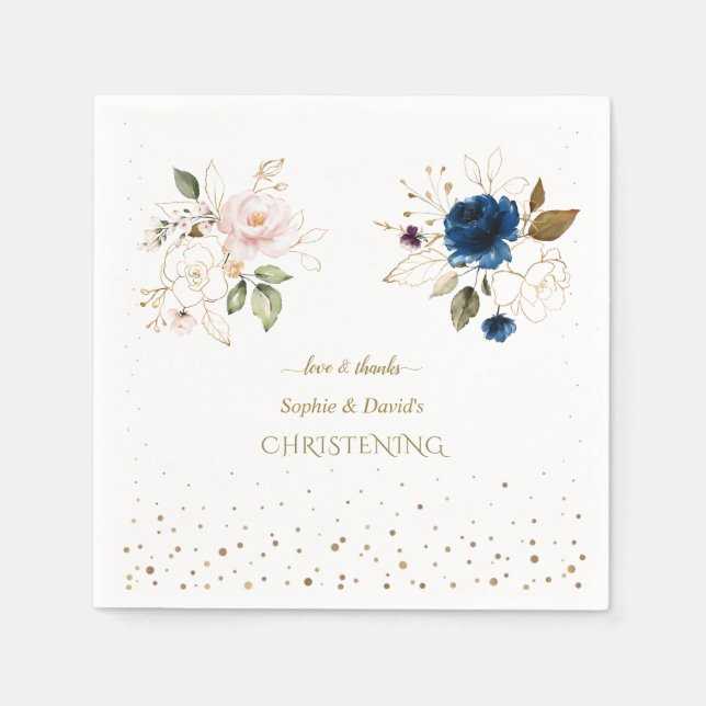 Charming Pink Blue Gold Flowers Twins Christening Napkin (Front)