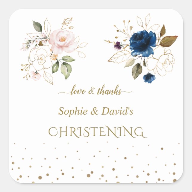 Charming Pink Blue Gold Flowers Twins Christening Square Sticker (Front)