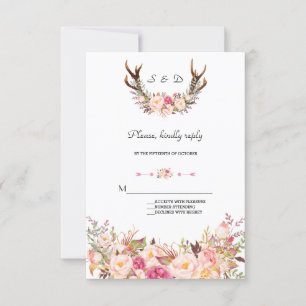 Charming Pink Blush Floral Antlers Wedding RSVP Card