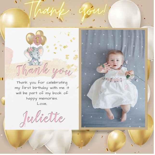 Charming Pink Elephant Photo First Birthday Girl Thank You Card (Creator Uploaded)