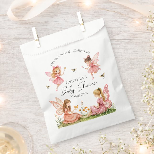 Charming Pink Fairies Woodland Baby Shower Favour Bags (Clipped)