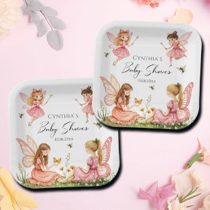 Charming Pink Fairies Woodland Baby Shower Paper Plate