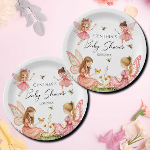 Charming Pink Fairies Woodland Baby Shower Paper Plate
