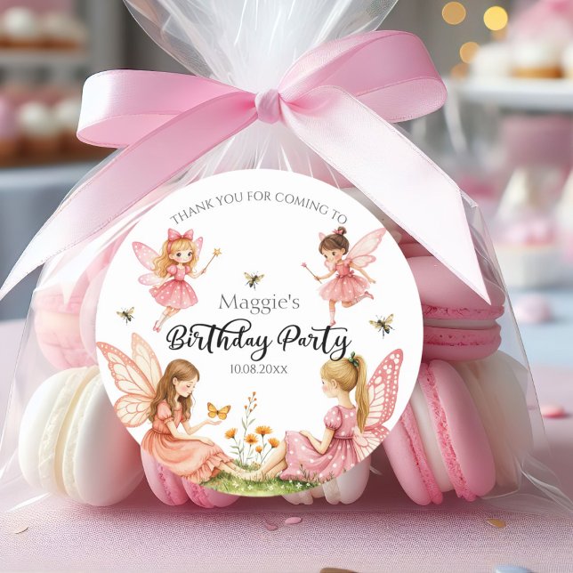 Charming Pink Fairies Woodland Birthday Party Classic Round Sticker (Creator Uploaded)