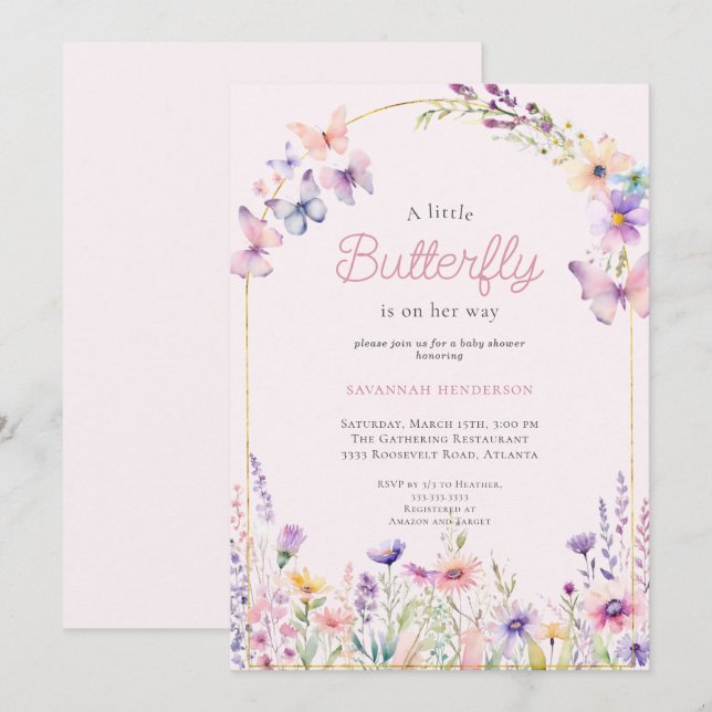 Charming Pink Floral Butterfly Baby Shower Invitation (Front/Back)