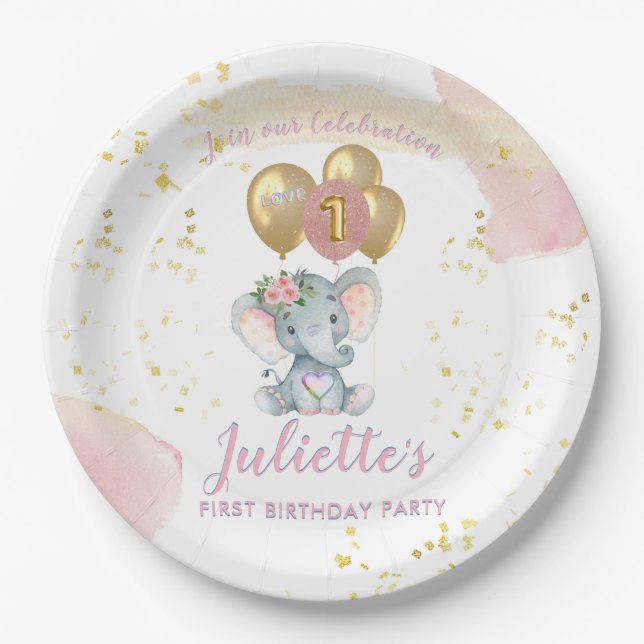 Charming Pink Floral Elephant First Birthday Girl  Paper Plate (Front)