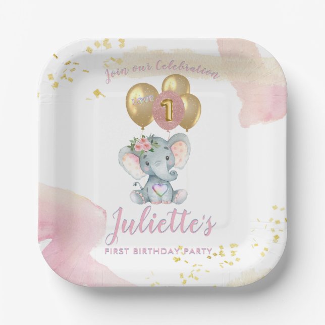 Charming Pink Floral Elephant First Birthday Girl Paper Plate (Front)