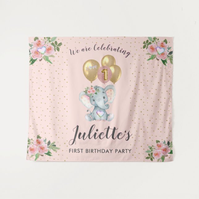 Charming Pink Floral Elephant First Birthday Girl  Tapestry (Front (Horizontal))