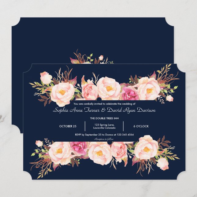 Charming Pink Floral Frame Navy Blue Wedding Invitation (Front/Back)