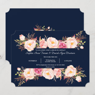 Charming Pink Floral Frame Navy Blue Wedding Invitation