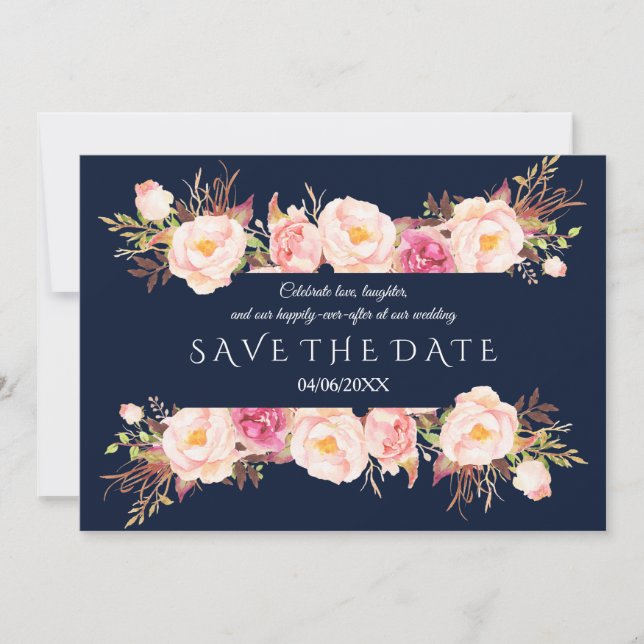 Charming Pink Floral Frame Navy Blue Wedding Save The Date (Front)