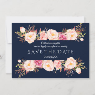 Charming Pink Floral Frame Navy Blue Wedding Save The Date