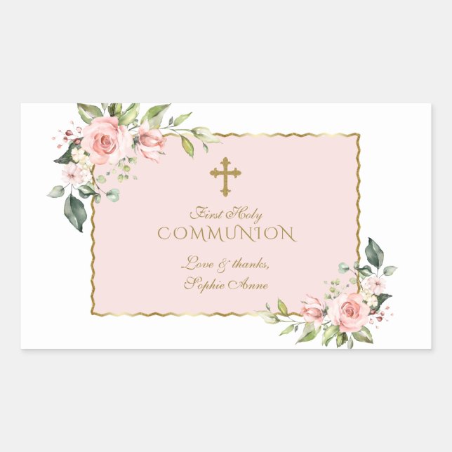Charming Pink Floral Gold First Holy Communion Rectangular Sticker (Front)