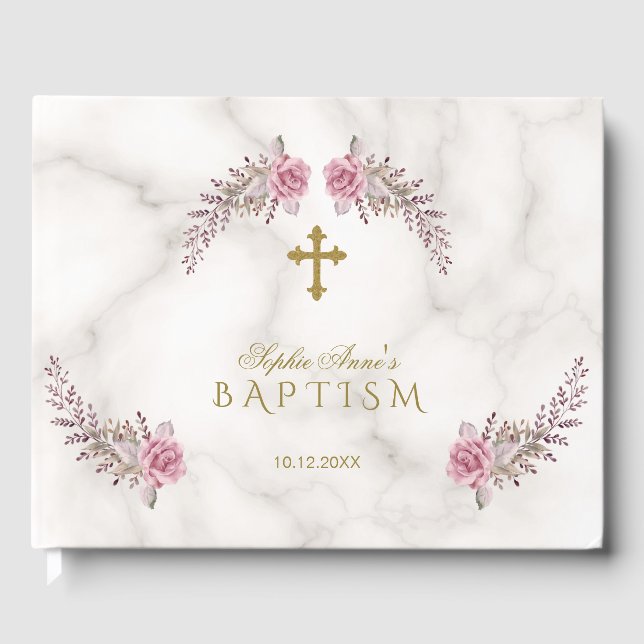 Charming Pink Floral Marble Girl Baptism Guest Book (Front)