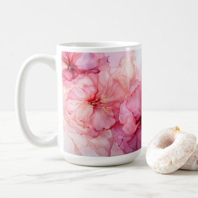 Charming Pink Floral Mug for Coffee and Tea (With Donut)